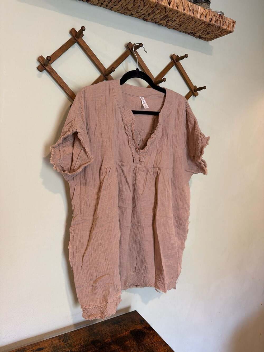 Zenana Washed Double Gauze V-Neck Frayed Edge Babydoll Dress with Pockets